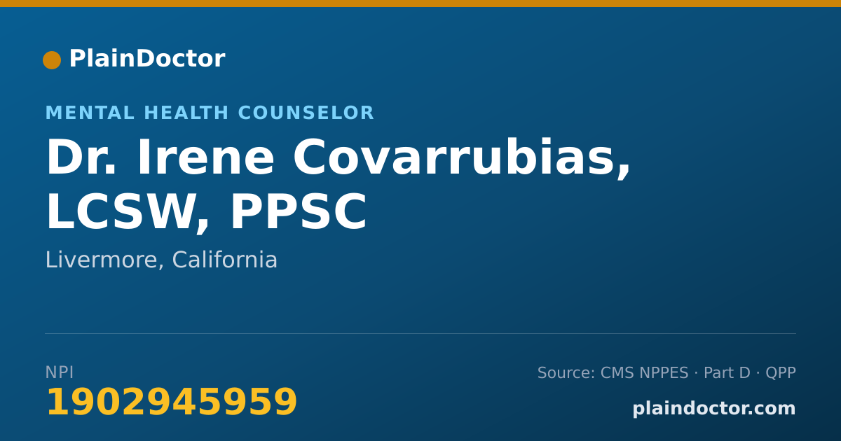 Shareable card for Irene Covarrubias, LCSW, PPSC - Mental Health Counselor, Livermore, CA