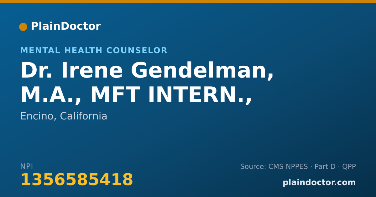 Shareable card for Irene Gendelman, M.A., MFT INTERN., - Mental Health Counselor, Encino, CA