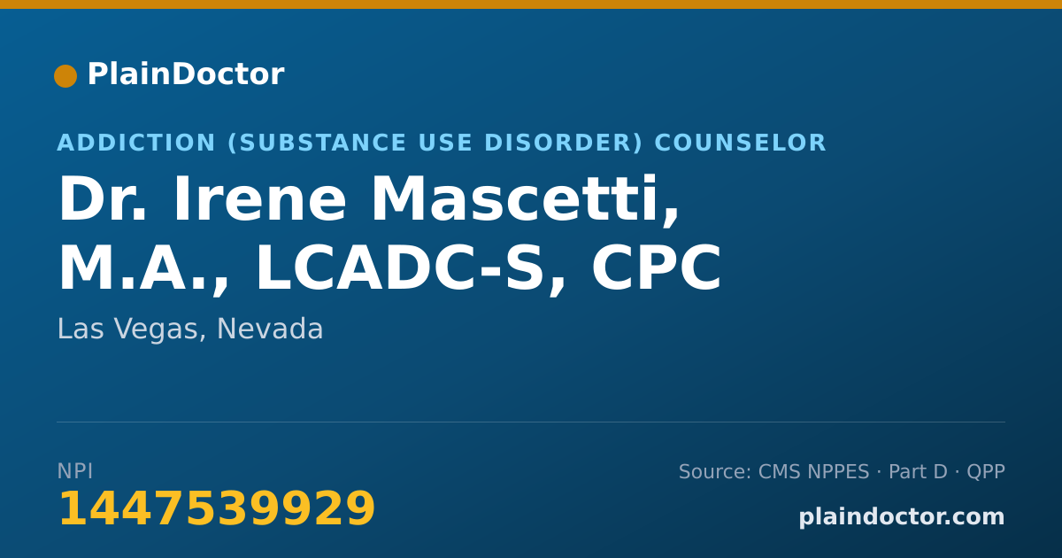 Shareable card for Irene Mascetti, M.A., LCADC-S, CPC - Addiction (Substance Use Disorder) Counselor, Las Vegas, NV
