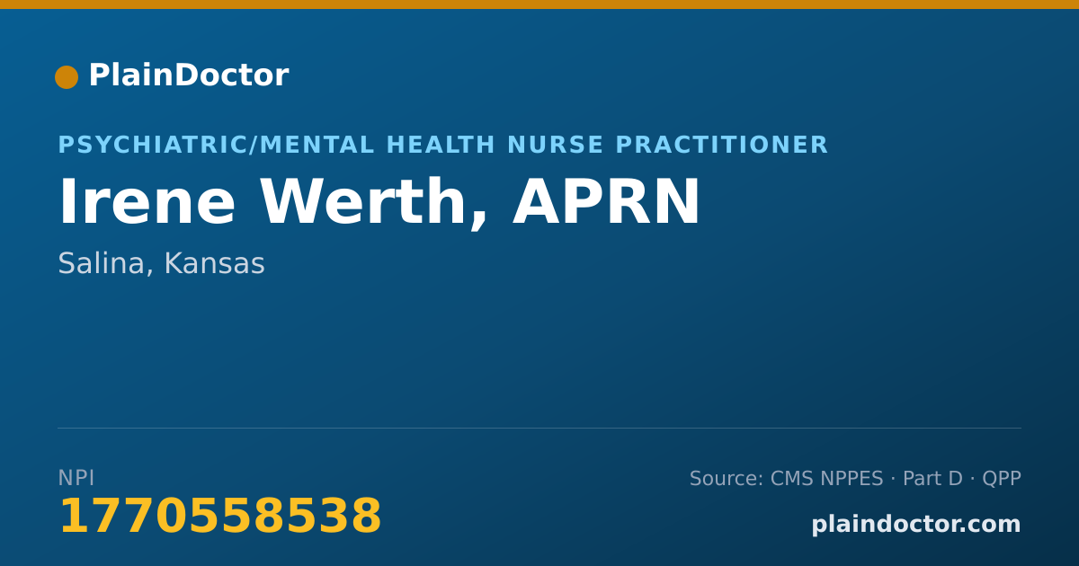 Shareable card for Irene Werth, APRN - Psychiatric/Mental Health Nurse Practitioner, Salina, KS
