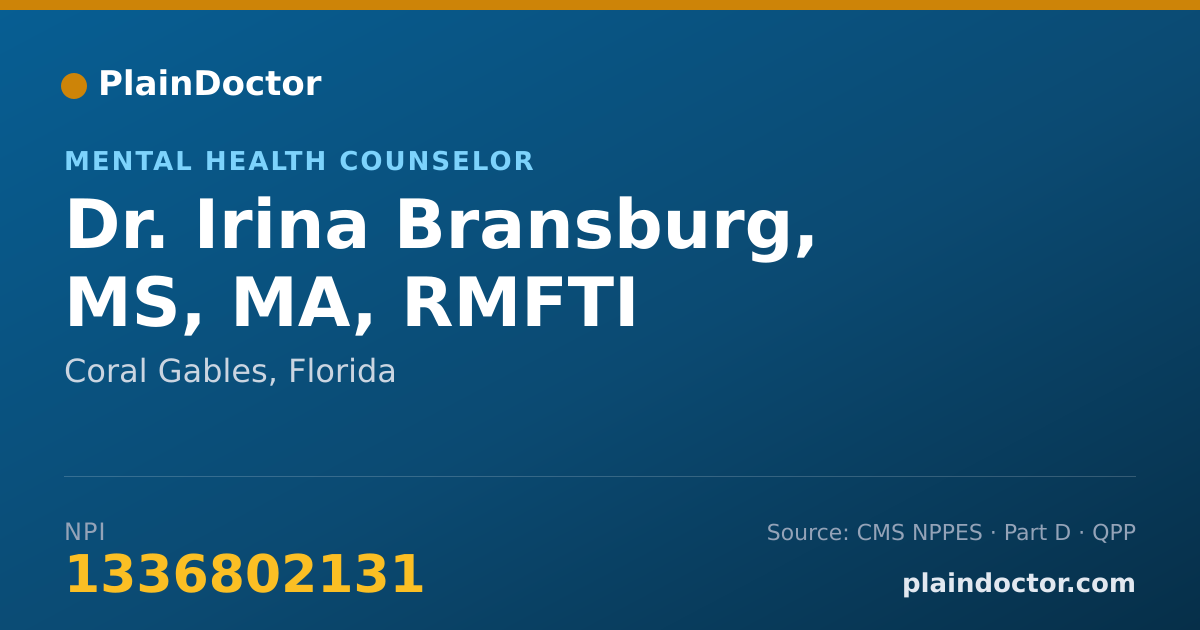Shareable card for Irina Bransburg, MS, MA, RMFTI - Mental Health Counselor, Coral Gables, FL