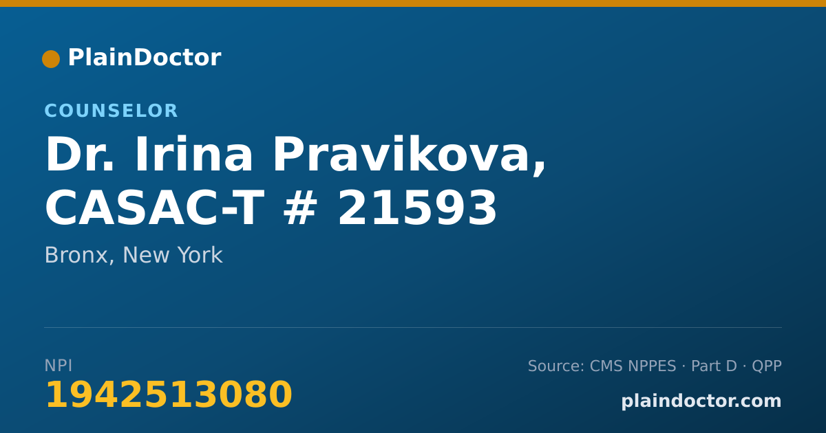 Shareable card for Irina Pravikova, CASAC-T # 21593 - Counselor, Bronx, NY