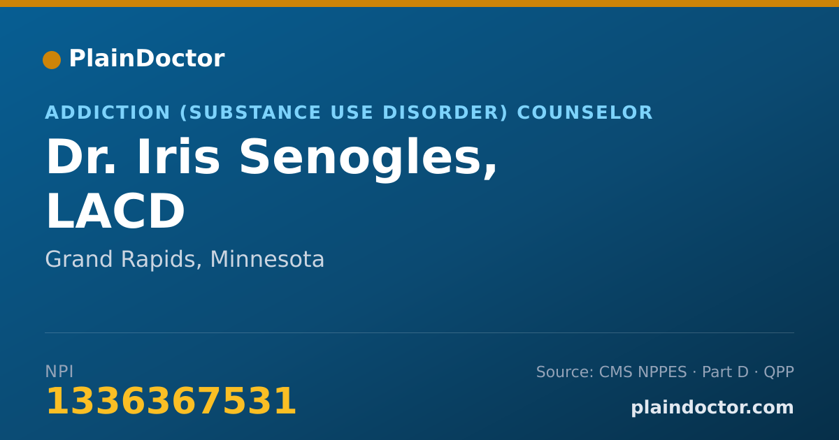 Shareable card for Iris Senogles, LACD - Addiction (Substance Use Disorder) Counselor, Grand Rapids, MN