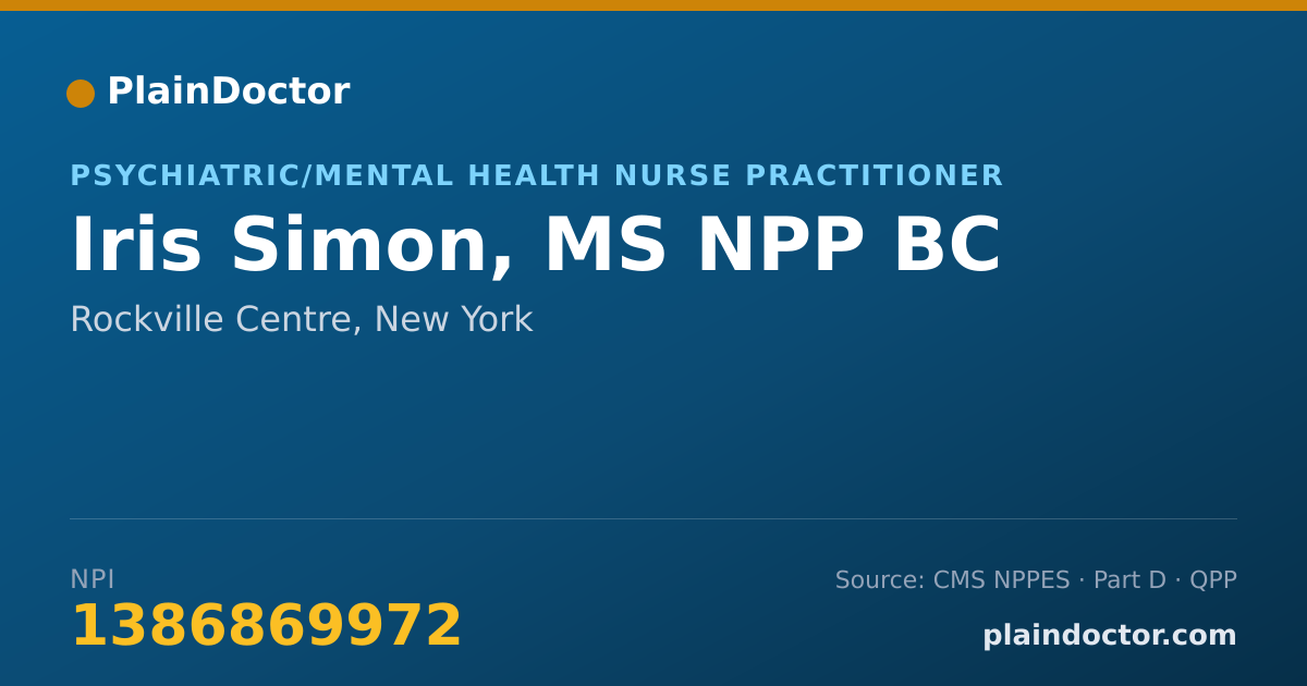 Shareable card for Iris Simon, MS NPP BC - Psychiatric/Mental Health Nurse Practitioner, Rockville Centre, NY