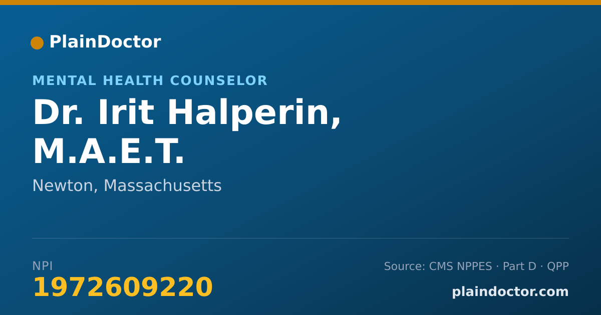 Shareable card for Irit Halperin, M.A.E.T. - Mental Health Counselor, Newton, MA