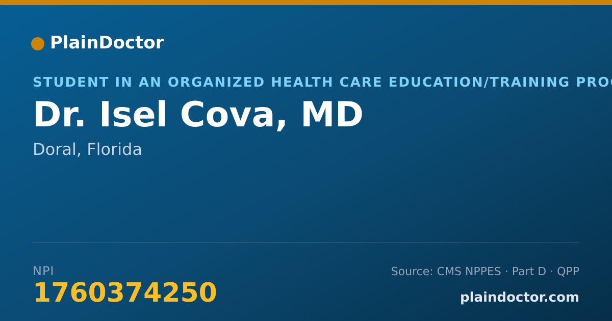 Shareable card for Isel Cova, MD - Student in an Organized Health Care Education/Training Program, Doral, FL