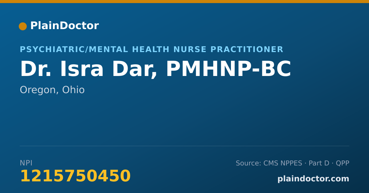 Shareable card for Isra Dar, PMHNP-BC - Psychiatric/Mental Health Nurse Practitioner, Oregon, OH
