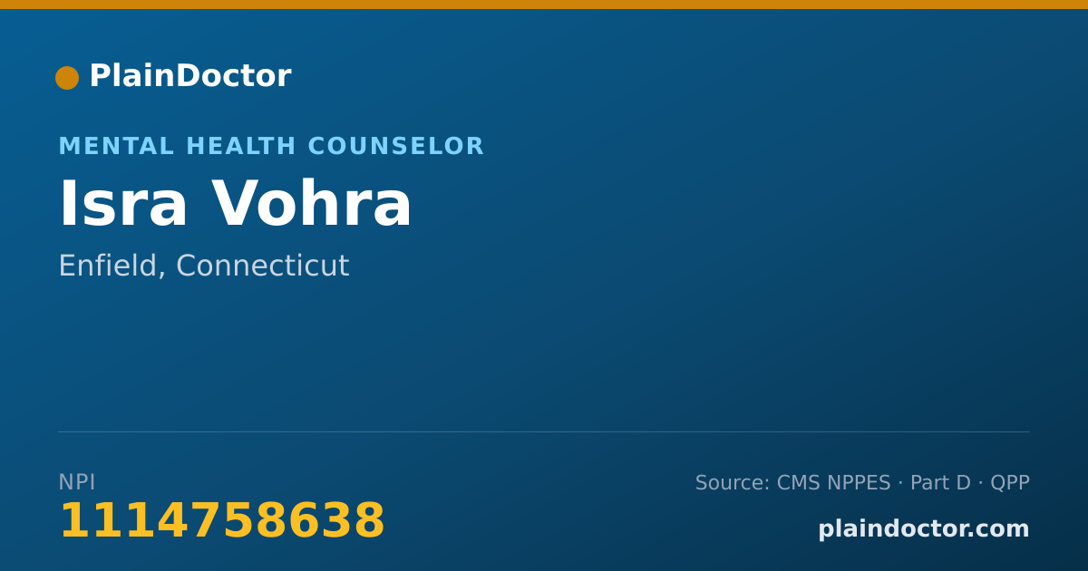 Shareable card for Isra Vohra - Mental Health Counselor, Enfield, CT