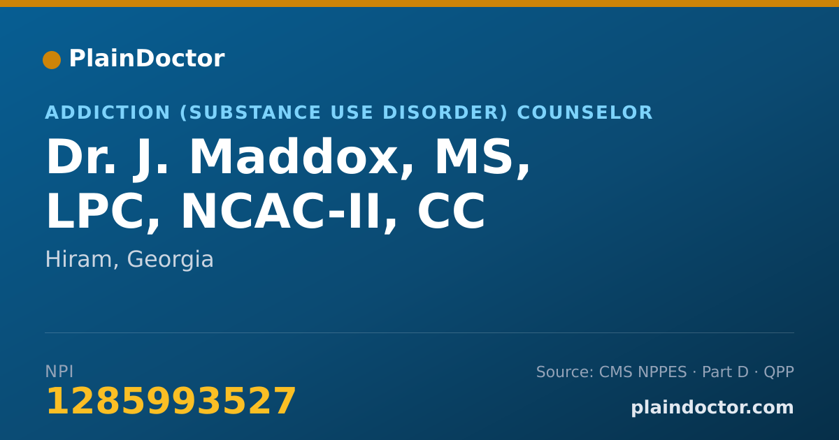 Shareable card for J. Maddox, MS, LPC, NCAC-II, CC - Addiction (Substance Use Disorder) Counselor, Hiram, GA