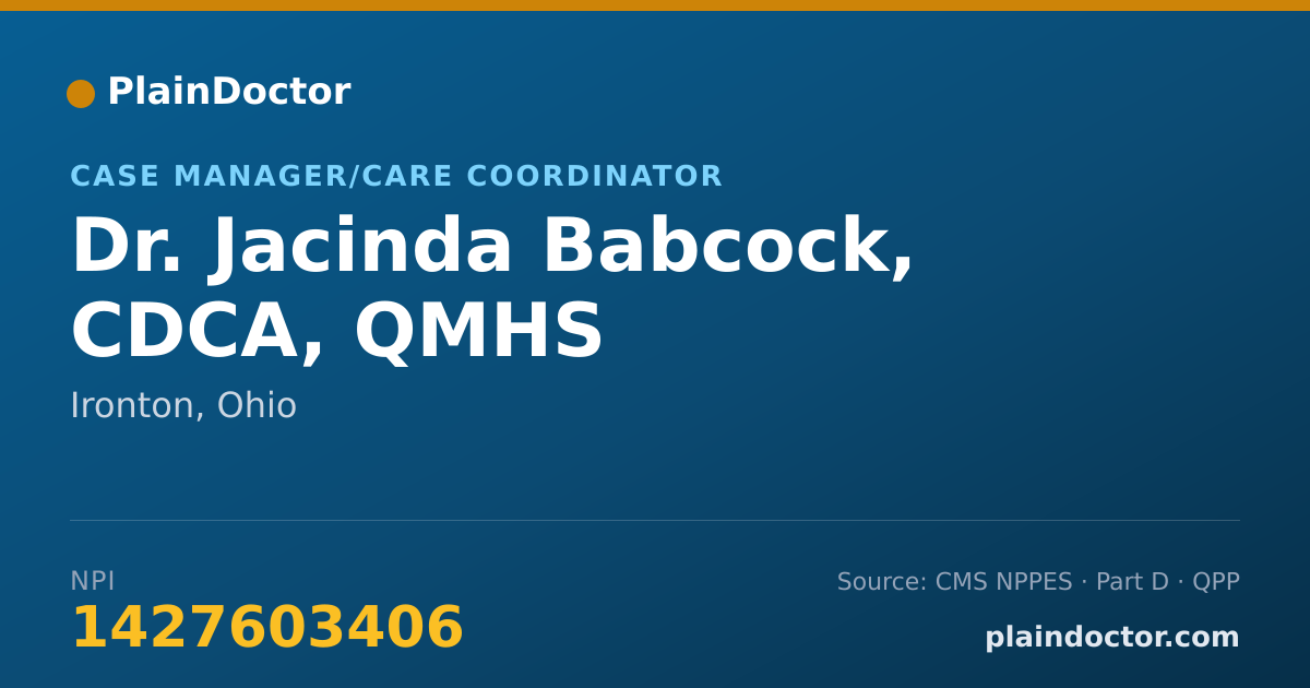 Shareable card for Jacinda Babcock, CDCA, QMHS - Case Manager/Care Coordinator, Ironton, OH