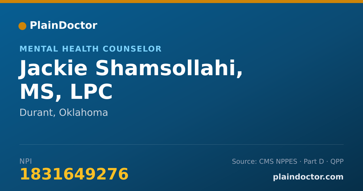 Shareable card for Jackie Shamsollahi, MS, LPC - Mental Health Counselor, Durant, OK