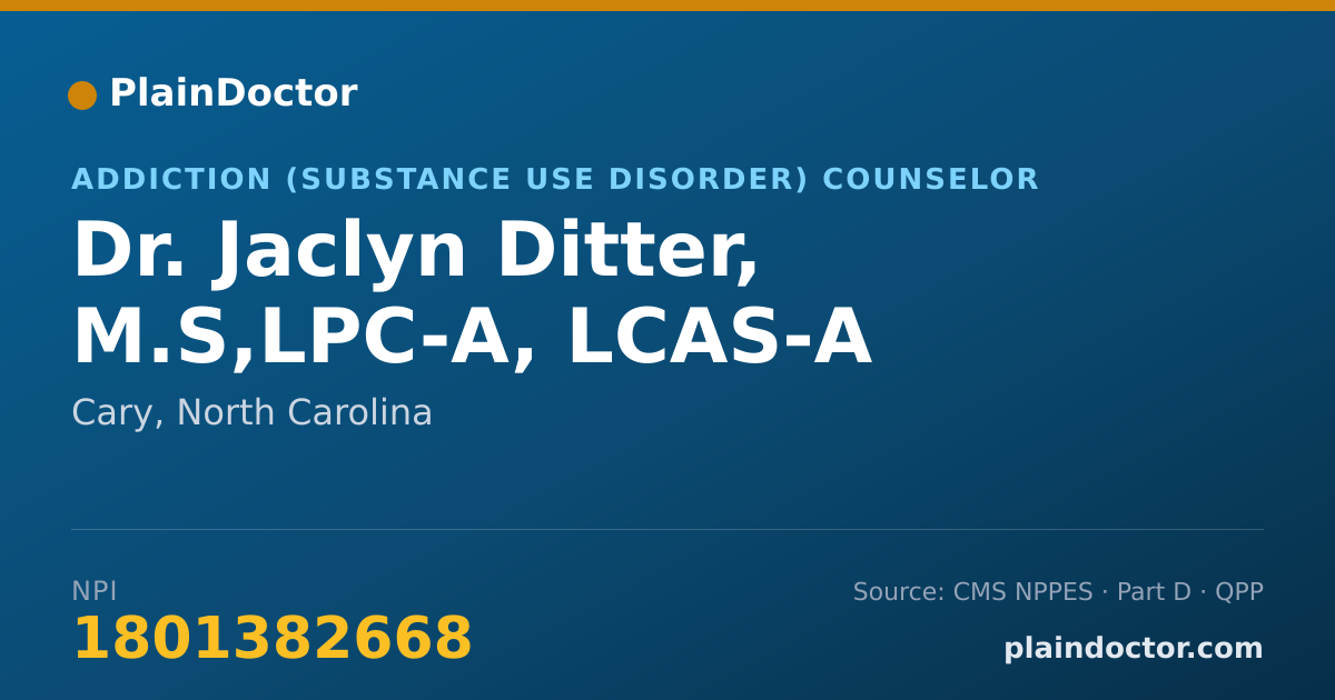 Shareable card for Jaclyn Ditter, M.S,LPC-A, LCAS-A - Addiction (Substance Use Disorder) Counselor, Cary, NC