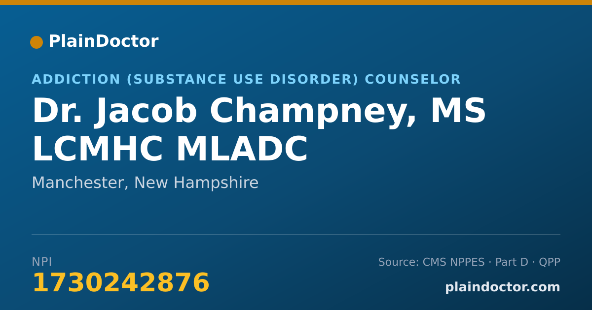 Shareable card for Jacob Champney, MS LCMHC MLADC - Addiction (Substance Use Disorder) Counselor, Manchester, NH