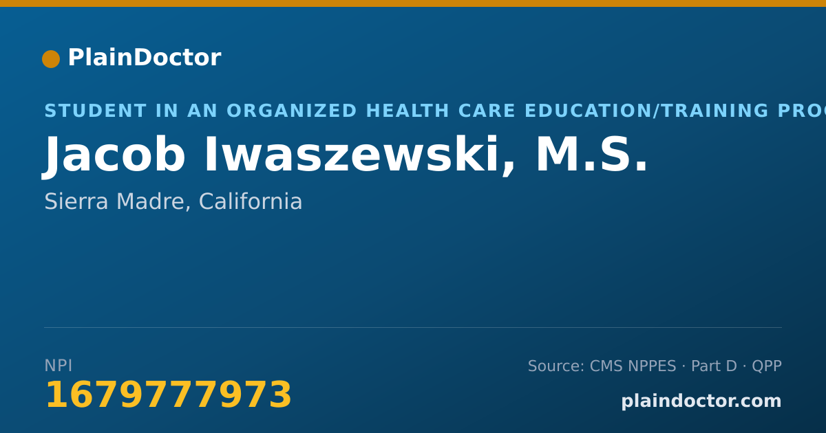 Shareable card for Jacob Iwaszewski, M.S. - Student in an Organized Health Care Education/Training Program, Sierra Madre, CA