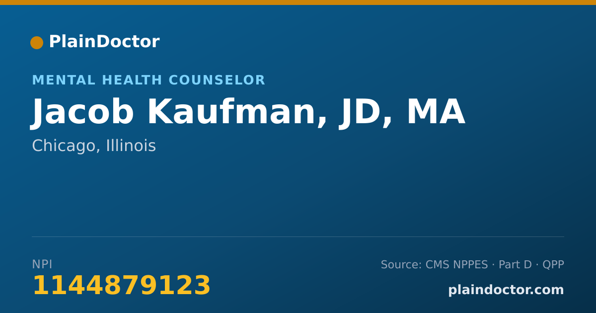 Shareable card for Jacob Kaufman, JD, MA - Mental Health Counselor, Chicago, IL