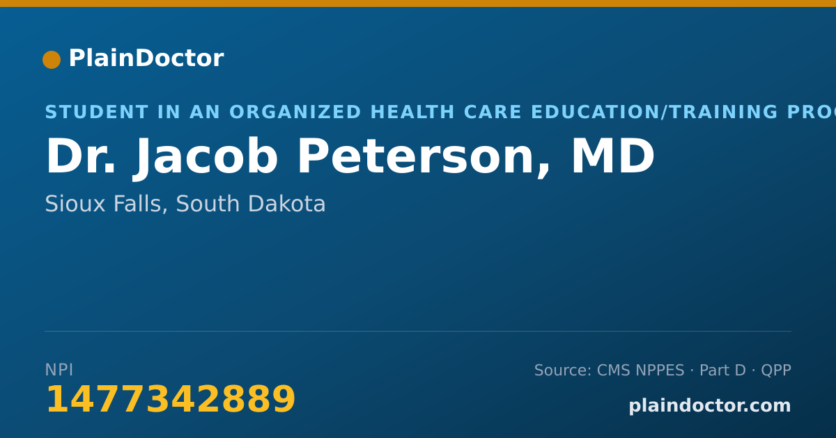 Shareable card for Jacob Peterson, MD - Student in an Organized Health Care Education/Training Program, Sioux Falls, SD