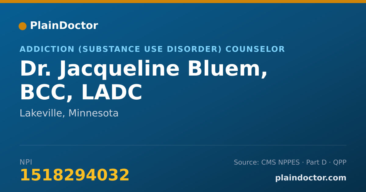 Shareable card for Jacqueline Bluem, BCC, LADC - Addiction (Substance Use Disorder) Counselor, Lakeville, MN