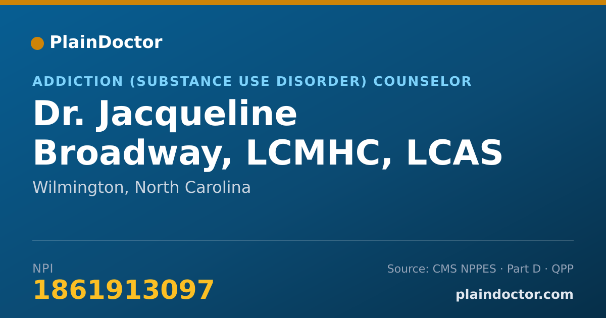 Shareable card for Jacqueline Broadway, LCMHC, LCAS - Addiction (Substance Use Disorder) Counselor, Wilmington, NC