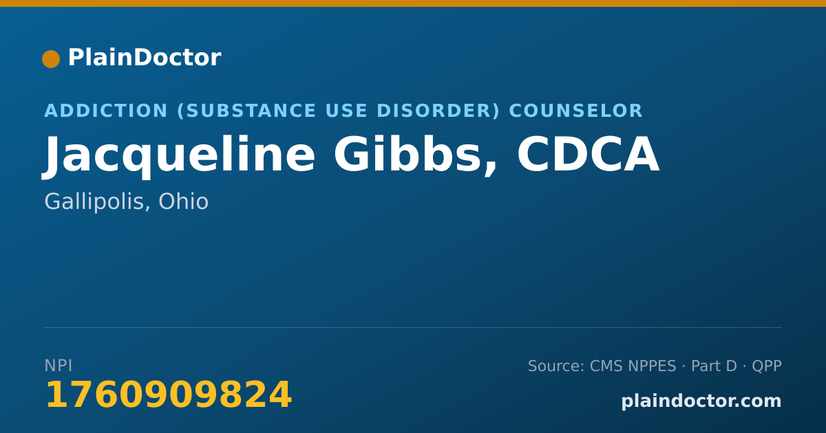 Shareable card for Jacqueline Gibbs, CDCA - Addiction (Substance Use Disorder) Counselor, Gallipolis, OH