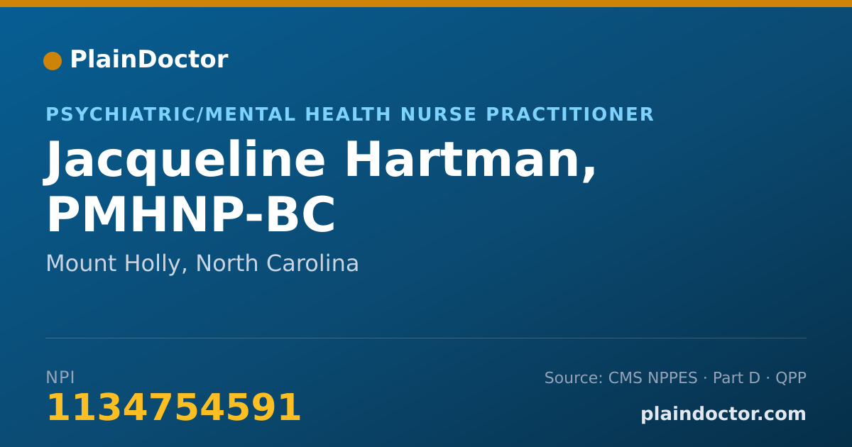Shareable card for Jacqueline Hartman, PMHNP-BC - Psychiatric/Mental Health Nurse Practitioner, Mount Holly, NC