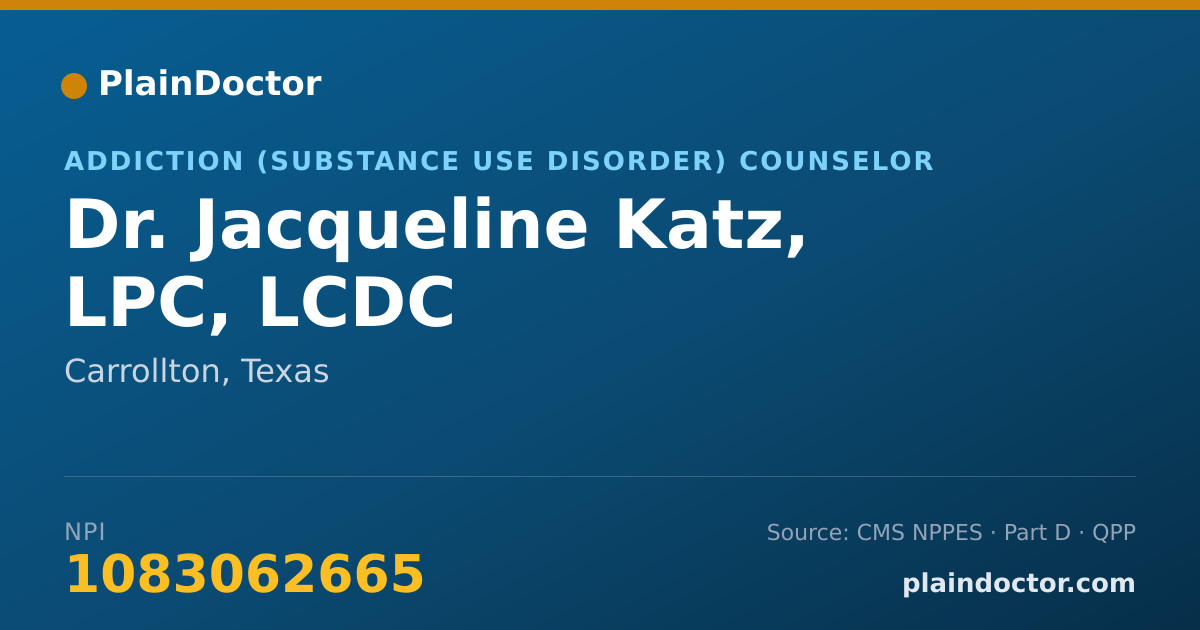 Shareable card for Jacqueline Katz, LPC, LCDC - Addiction (Substance Use Disorder) Counselor, Carrollton, TX