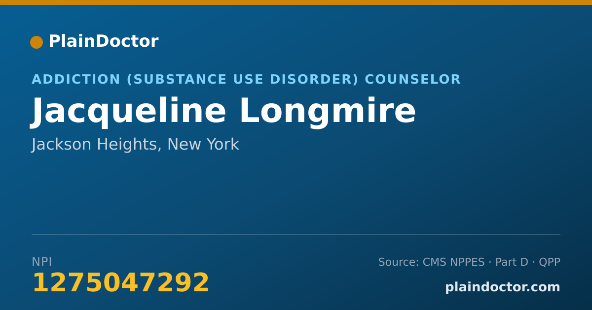 Shareable card for Jacqueline Longmire - Addiction (Substance Use Disorder) Counselor, Jackson Heights, NY