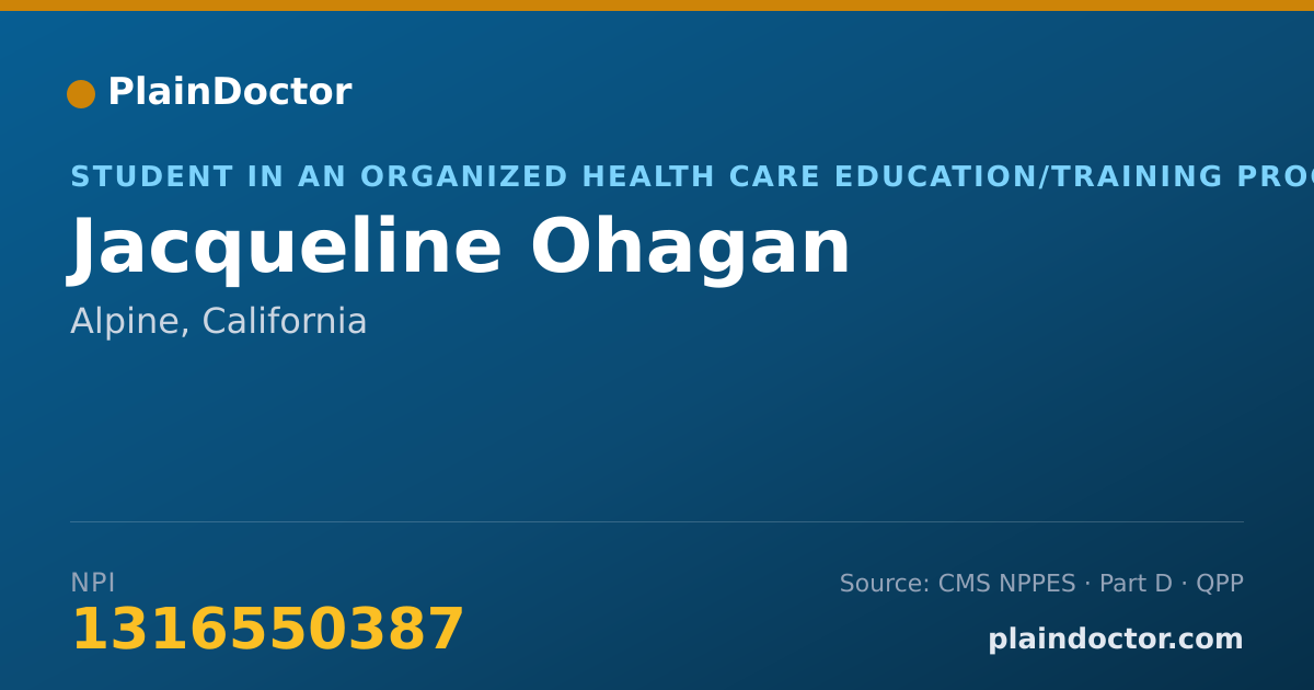 Shareable card for Jacqueline Ohagan - Student in an Organized Health Care Education/Training Program, Alpine, CA