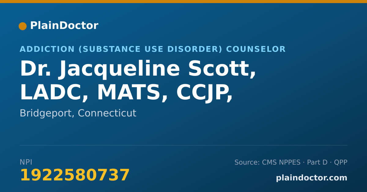 Shareable card for Jacqueline Scott, LADC, MATS, CCJP, - Addiction (Substance Use Disorder) Counselor, Bridgeport, CT