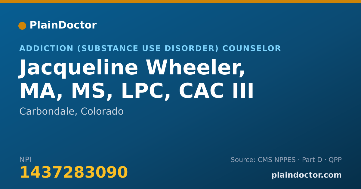 Shareable card for Jacqueline Wheeler, MA, MS, LPC, CAC III - Addiction (Substance Use Disorder) Counselor, Carbondale, CO