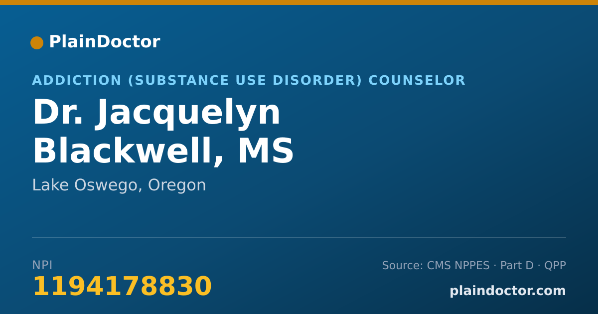 Shareable card for Jacquelyn Blackwell, MS - Addiction (Substance Use Disorder) Counselor, Lake Oswego, OR