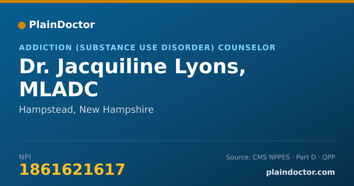 Shareable card for Jacquiline Lyons, MLADC - Addiction (Substance Use Disorder) Counselor, Hampstead, NH