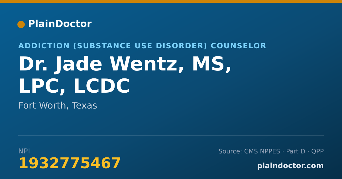 Shareable card for Jade Wentz, MS, LPC, LCDC - Addiction (Substance Use Disorder) Counselor, Fort Worth, TX