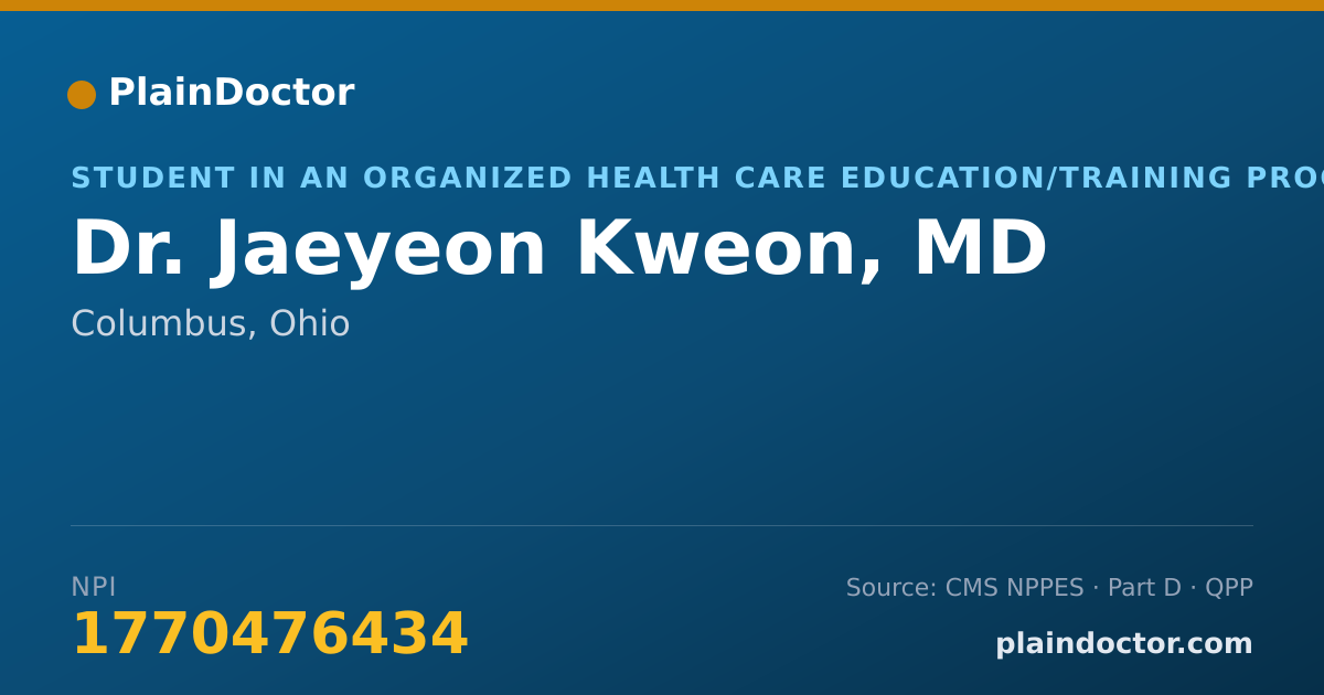 Shareable card for Jaeyeon Kweon, MD - Student in an Organized Health Care Education/Training Program, Columbus, OH