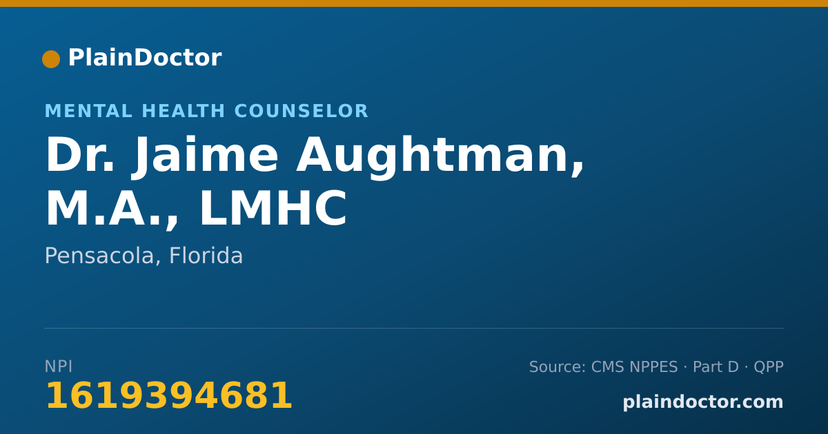 Shareable card for Jaime Aughtman, M.A., LMHC - Mental Health Counselor, Pensacola, FL