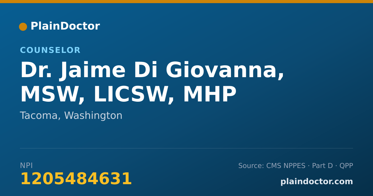 Shareable card for Jaime Di Giovanna, MSW, LICSW, MHP - Counselor, Tacoma, WA