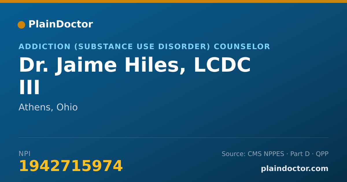 Shareable card for Jaime Hiles, LCDC III - Addiction (Substance Use Disorder) Counselor, Athens, OH
