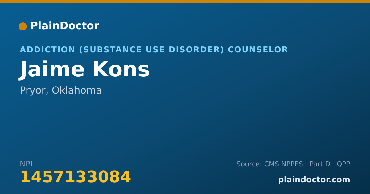Shareable card for Jaime Kons - Addiction (Substance Use Disorder) Counselor, Pryor, OK