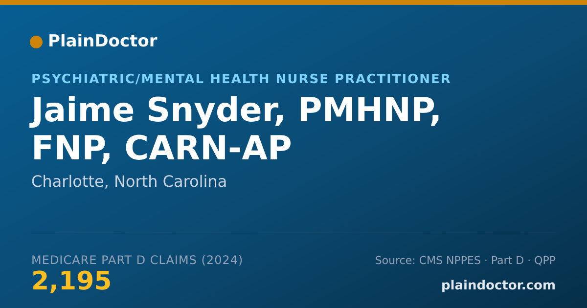 Shareable card for Jaime Snyder, PMHNP, FNP, CARN-AP - Psychiatric/Mental Health Nurse Practitioner, Charlotte, NC