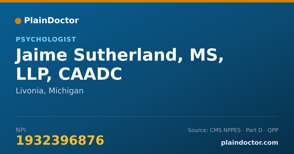 Shareable card for Jaime Sutherland, MS, LLP, CAADC - Clinical Psychologist, Livonia, MI