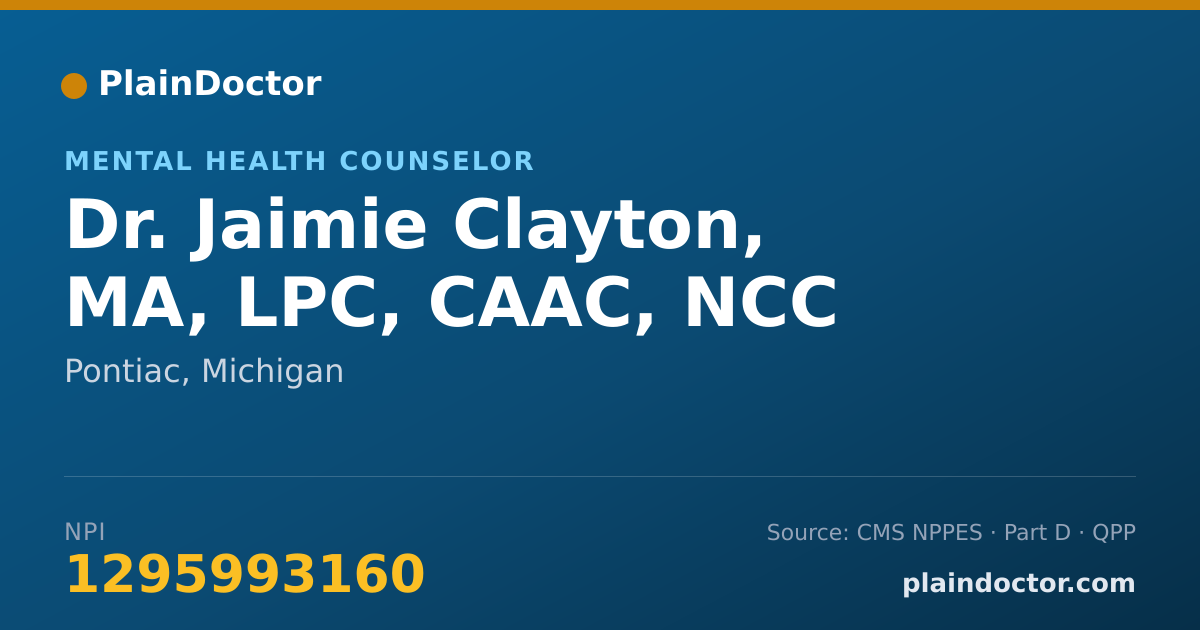 Shareable card for Jaimie Clayton, MA, LPC, CAAC, NCC - Mental Health Counselor, Pontiac, MI