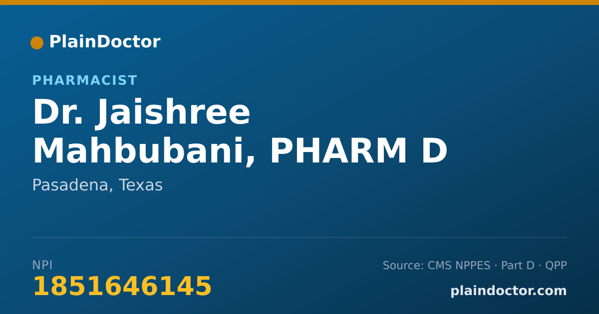 Shareable card for Jaishree Mahbubani, PHARM D - Pharmacist, Pasadena, TX