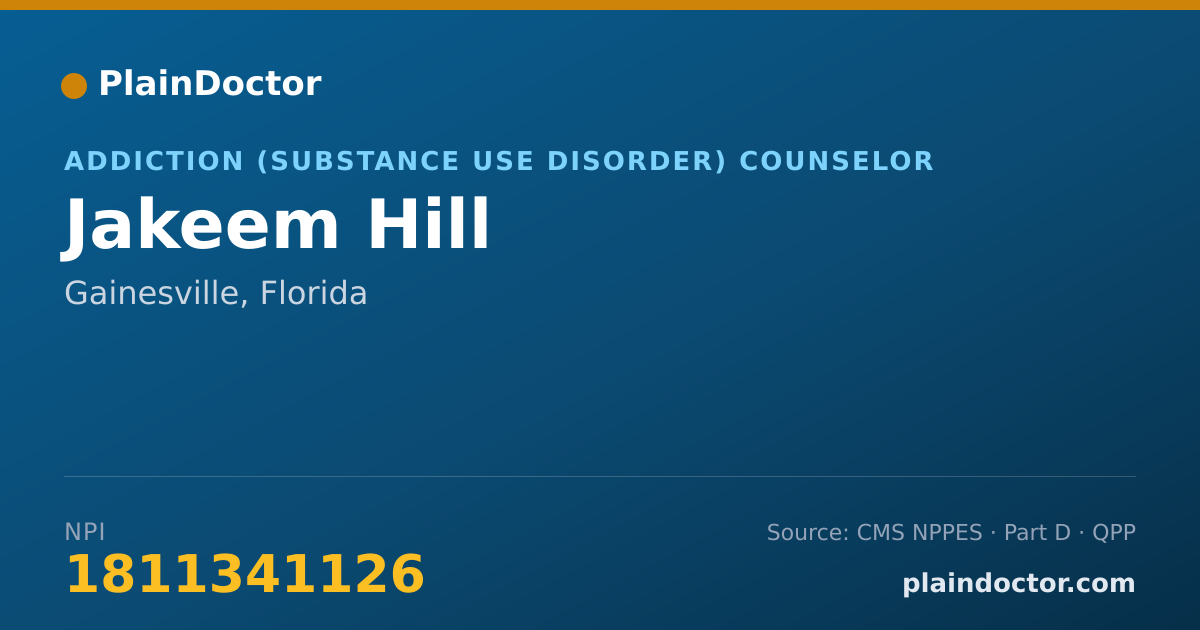 Shareable card for Jakeem Hill - Addiction (Substance Use Disorder) Counselor, Gainesville, FL