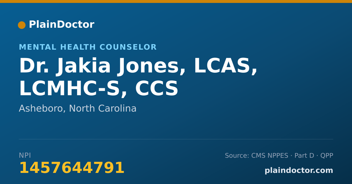 Shareable card for Jakia Jones, LCAS, LCMHC-S, CCS - Mental Health Counselor, Asheboro, NC