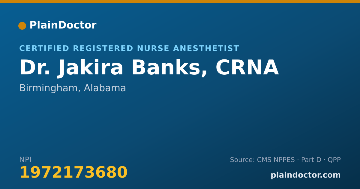 Shareable card for Jakira Banks, CRNA - Certified Registered Nurse Anesthetist, Birmingham, AL