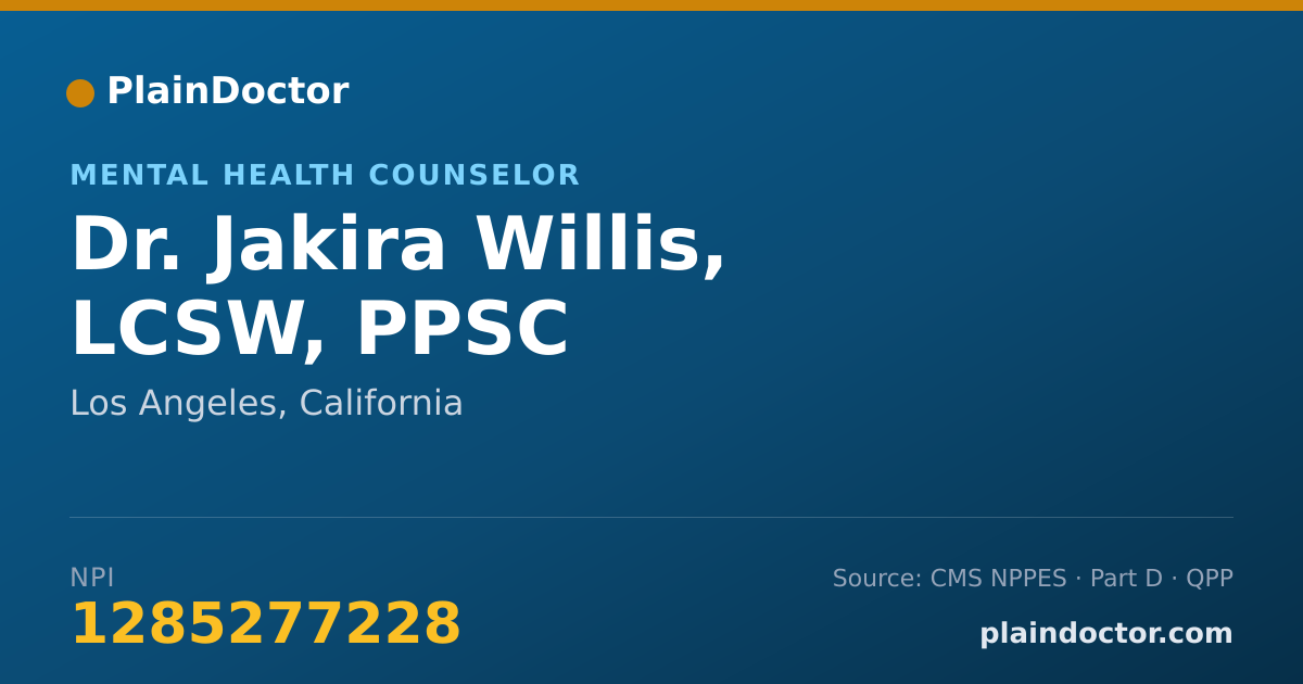 Shareable card for Jakira Willis, LCSW, PPSC - Mental Health Counselor, Los Angeles, CA