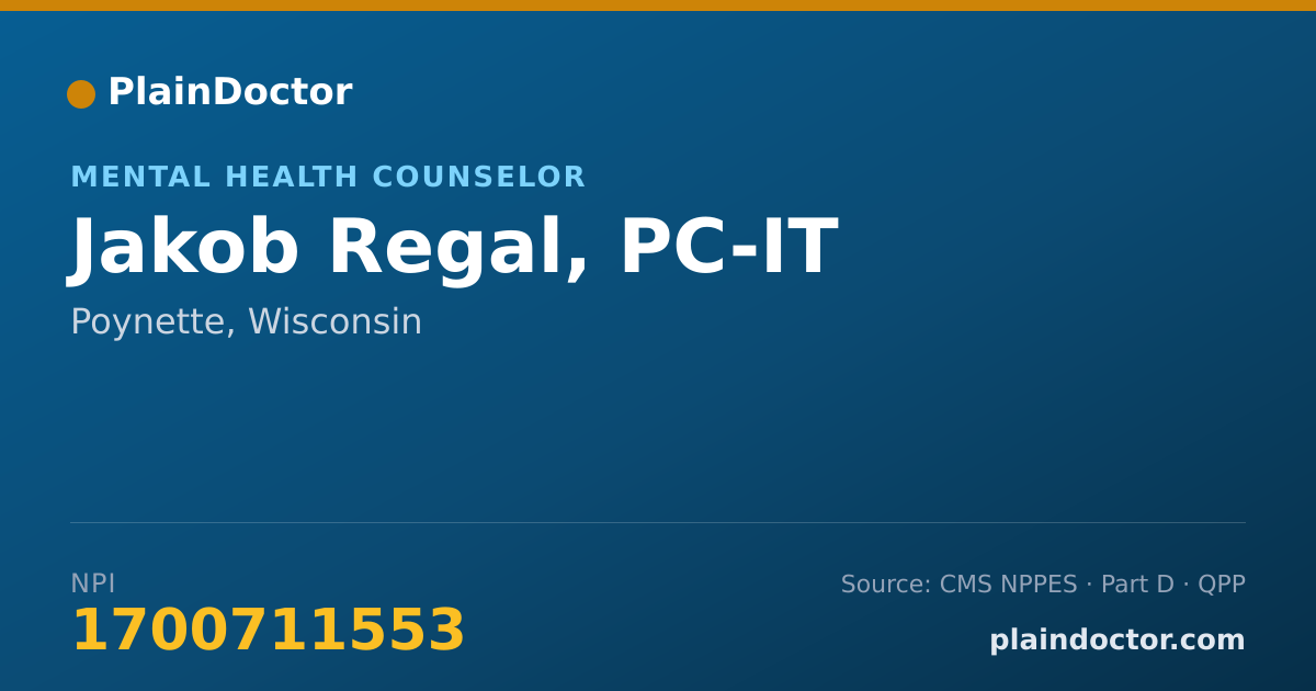 Shareable card for Jakob Regal, PC-IT - Mental Health Counselor, Poynette, WI