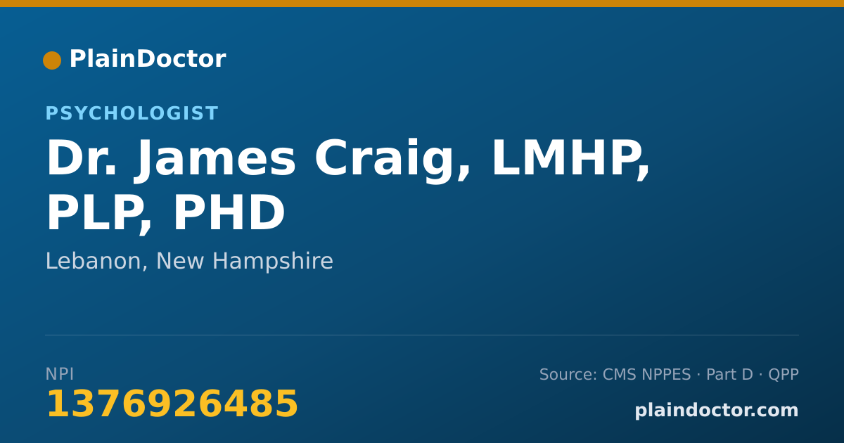 Shareable card for James Craig, LMHP, PLP, PHD - Counselor, Lebanon, NH
