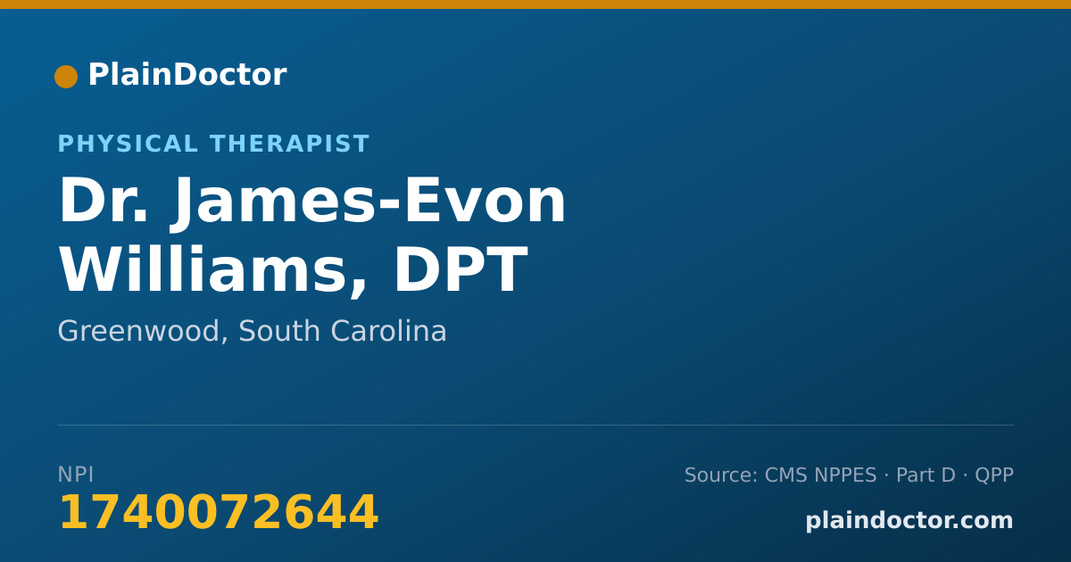 Shareable card for James-Evon Williams, DPT - Physical Therapist, Greenwood, SC