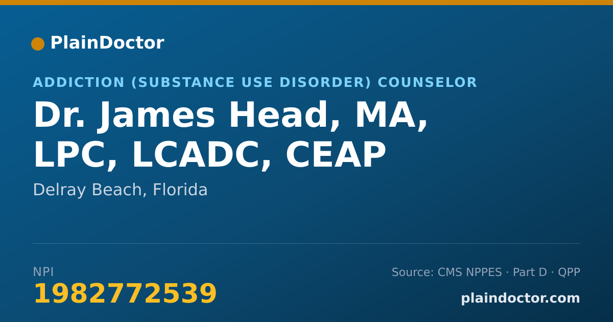 Shareable card for James Head, MA, LPC, LCADC, CEAP - Addiction (Substance Use Disorder) Counselor, Delray Beach, FL