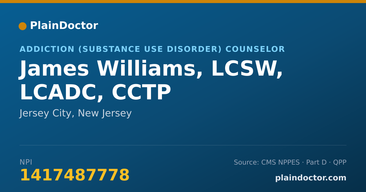 Shareable card for James Williams, LCSW, LCADC, CCTP - Addiction (Substance Use Disorder) Counselor, Jersey City, NJ